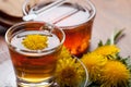 Fresh dandelion herbal tea with honey and blossoms