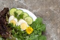 Fresh dandelion and lettuce leaves, boiled egg and cucumber on a white plate on a concrete background. Cooking healthy