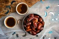 Fresh dates with coffee top view Royalty Free Stock Photo