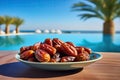 Fresh Dates on Tropical Beach with Palm Trees and Blue Ocean for Travel Promotion