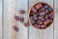 Fresh dates in wooden bowl.