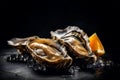 Fresh and Delectable Open Oysters on a Platter with lemon, ice. Fresh seafood. AI generated. Royalty Free Stock Photo