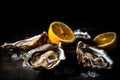 Fresh and Delectable Open Oysters on a Platter with lemon, ice. Fresh seafood. AI generated. Royalty Free Stock Photo