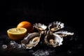 Fresh and Delectable Open Oysters on a Platter with lemon, ice. Fresh seafood. AI generated. Royalty Free Stock Photo