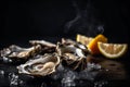 Fresh and Delectable Open Oysters on a Platter with lemon, ice. Fresh seafood. AI generated. Royalty Free Stock Photo