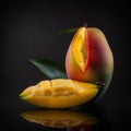 Fresh delicious appetizing sweet bright mango fruit and mango slice, isolated on black