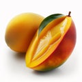 Fresh delicious appetizing sweet bright mango fruit and mango slice, isolated on white,