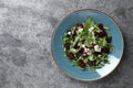 Fresh delicious beet salad on grey table, top view. Space for text Royalty Free Stock Photo