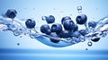 Fresh and delicious blueberry fruits and water splashing isolated on blue background, close up shot. Generative AI Royalty Free Stock Photo