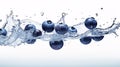 Fresh and delicious blueberry fruits and water splashing isolated on white background, close up shot. Generative AI Royalty Free Stock Photo