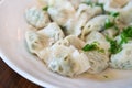 Fresh, delicious boiled garlic chives dumplings, jiaozi in white plate on wooden table background