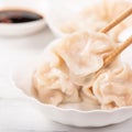 Fresh, delicious boiled pork, shrimp gyoza dumplings on white background with soy sauce and chopsticks, close up, lifestyle.
