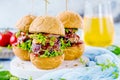 Fresh delicious burgers in Form of Football soccer, Royalty Free Stock Photo