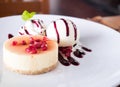 Fresh delicious cheesecake with vanilla ice-cream, berries sauce Royalty Free Stock Photo