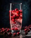 Fresh delicious cranberry falls into a long glass of juice, , Generative AI
