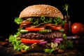 A fresh and delicious hamburger served with lettuce, tomatoes, and cucumber, ready to satisfy your cravings, plant-based meat Royalty Free Stock Photo