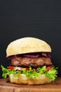 Fresh and delicious home made burger on wooden board with copy space. Royalty Free Stock Photo