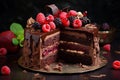 Fresh delicious homemade chocolate cake with berries. Generative AI Royalty Free Stock Photo