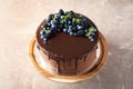 Fresh delicious homemade chocolate cake with berries on tabl Royalty Free Stock Photo