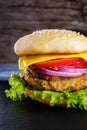 Fresh delicious homemade veggie burger lies on natural slate on rustic wooden background. Delicious tasty burger with