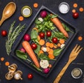 Fresh delicious ingredients for healthy cooking or salad making on rustic background, top view Diet vegetarian food concept Royalty Free Stock Photo