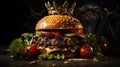 fresh delicious juicy burger on a dark background with a crown on top. king burger. AI. Royalty Free Stock Photo