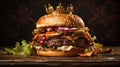 fresh delicious juicy burger on a dark background with a crown on top. king burger. AI. Royalty Free Stock Photo