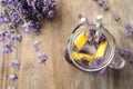 Fresh delicious lemonade with lavender in masson jar on table, top view