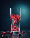 Fresh delicious lingonberry falls into a long glass of water, Generative AI