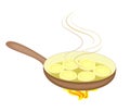 Fresh delicious mouth-watering pancakes. Fry in a frying pan on fire. There is a hot steam. Delicious food. Vector illustration