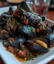 Fresh and delicious mussels cooked with tomato, parsley on a ceramic bowl