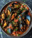 Fresh and delicious mussels cooked with tomato, parsley on a ceramic bowl