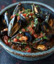 Fresh and delicious mussels cooked with tomato, parsley on a ceramic bowl