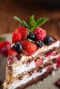 Fresh delicious piece of chocolate cake with strawberries, blueberries and mint Royalty Free Stock Photo