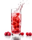 Fresh delicious raspberry, falls into a long glass of juice, with splashes Generative AI