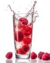 Fresh delicious raspberry, falls into a long glass of water, juice, isolated, Generative AI