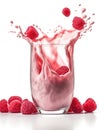 Fresh delicious raspberry, falls into a long glass of yogurt, with splashes Generative AI