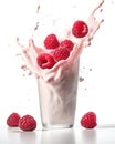 Fresh delicious raspberry, falls into a long glass of yogurt, sprinkling effect, Generative A