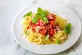 Fresh and delicious spagetti bolognese on wooden table. Royalty Free Stock Photo