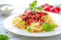 Fresh and delicious spagetti bolognese on wooden table. Royalty Free Stock Photo