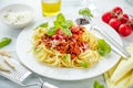Fresh and delicious spagetti bolognese on wooden table. Royalty Free Stock Photo