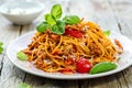 Fresh and delicious spagetti bolognese on wooden table. Royalty Free Stock Photo