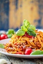 Fresh and delicious spagetti bolognese on wooden table. Royalty Free Stock Photo