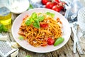 Fresh and delicious spagetti bolognese on wooden table. Royalty Free Stock Photo