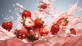 Fresh and delicious strawberries fruits and strawberry milk splash isolated on blue background, close up shot. Generative AI Royalty Free Stock Photo