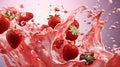 Fresh and delicious strawberries fruits and strawberry milk splash isolated on pink background, close up shot. Generative AI Royalty Free Stock Photo