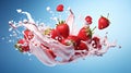 Fresh and delicious strawberries fruits and strawberry milk splashing isolated on blue background, close up shot. Generative AI Royalty Free Stock Photo