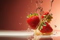 Fresh delicious strawberries with splashes of water. Berry flying in the air Royalty Free Stock Photo