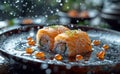 Fresh delicious sushi rolls with ginger and wasabi on plate with drops of water Royalty Free Stock Photo