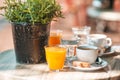 Fresh and delisious breakfast in outdoor cafe at european city Royalty Free Stock Photo